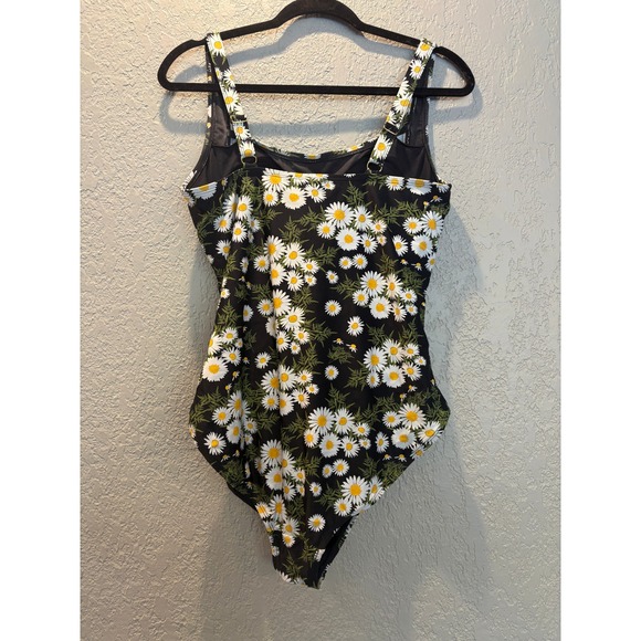Daisy Print One Piece Swimsuit Black Floral Ruched Bathing Suit - Picture 7 of 10